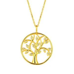 0.11 Carat Natural Diamond Tree Necklace Pendant 14K Yellow Gold G SI 18 inches