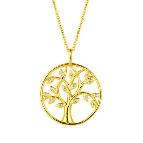 0.11 Carat Natural Diamond Tree Necklace Pendant 14K Yellow Gold G SI 18 inches