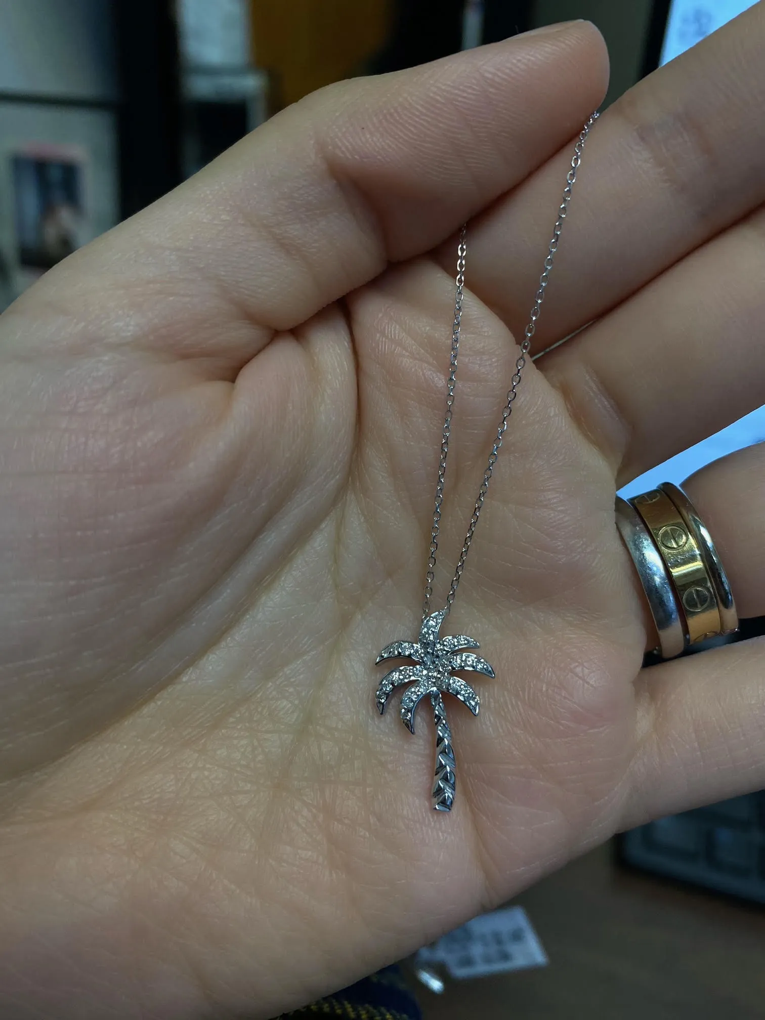 0.20 Carat Natural Diamond Palm Tree Necklace Pendant 14K White Gold with 18'' chain