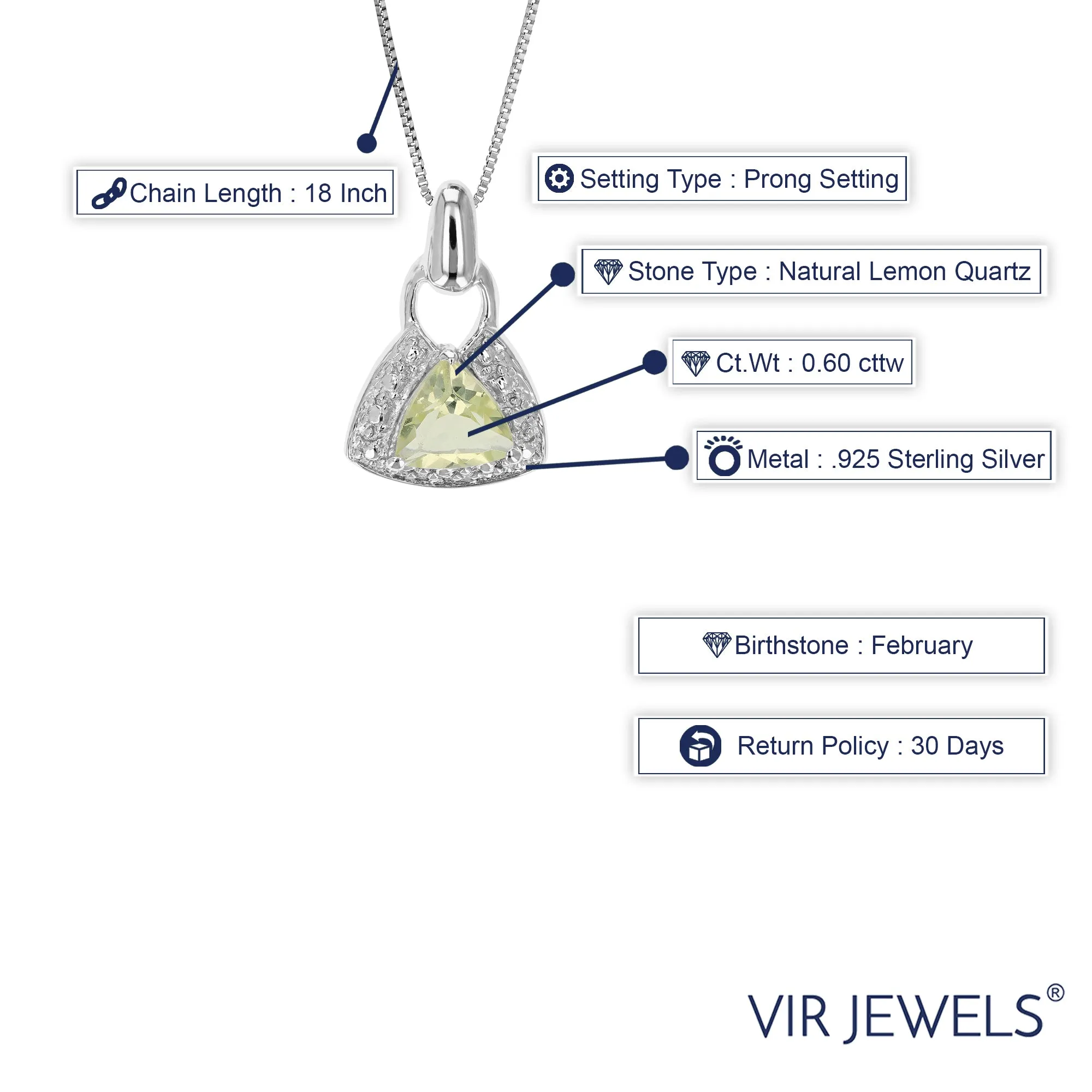 0.60 cttw Pendant Necklace, Lemon Quartz Trillion Shape Pendant Necklace for Women in .925 Sterling Silver with Rhodium, 18 Inch Chain, Prong Setting