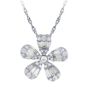 0.75 Carat Natural Diamond Flower Necklace Pendant 14K White Gold 18'' chain