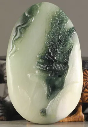 10% OFF- Certified Natural Jadeite Emerald Jade Handcarved Mountain and Tower Landscape Pendant《Grade A》NO.X085