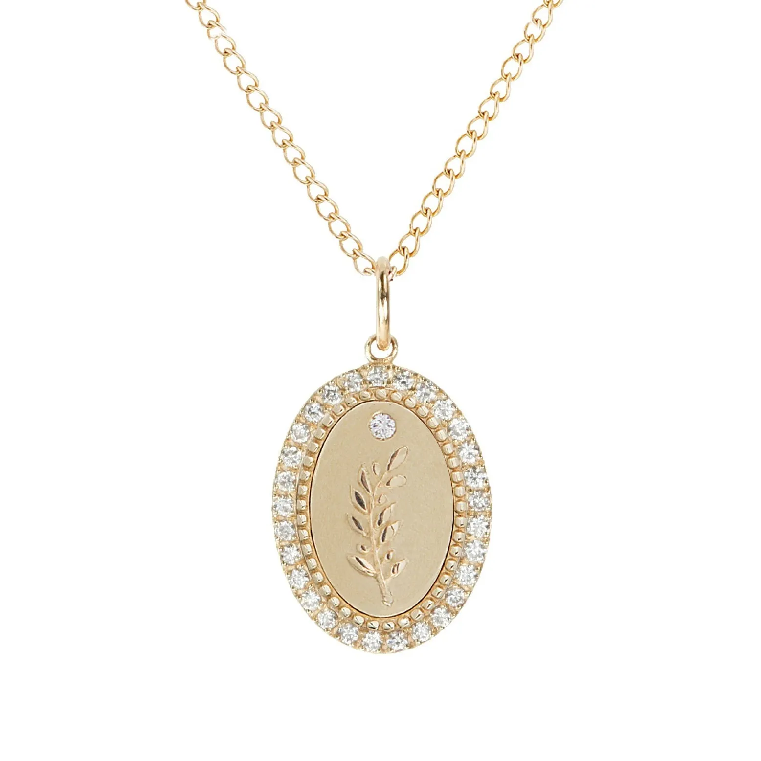 10K Gold Small Pave Diamond "Olive Branch" Pendant