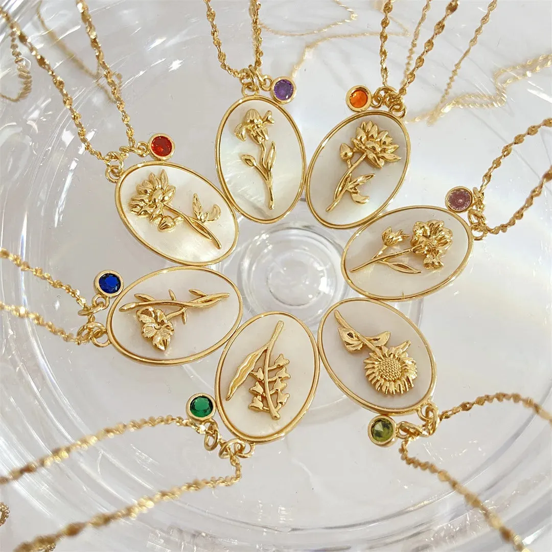 12 Birth Month Flower Birthstone Necklace for Women Charm White Shell Pendant Necklaces Mom Girlfriend Birthday Gift