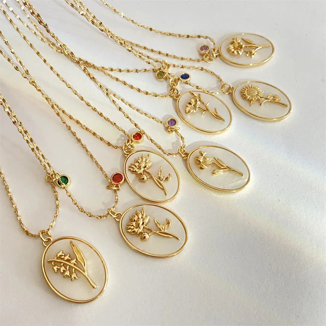 12 Birth Month Flower Birthstone Necklace for Women Charm White Shell Pendant Necklaces Mom Girlfriend Birthday Gift