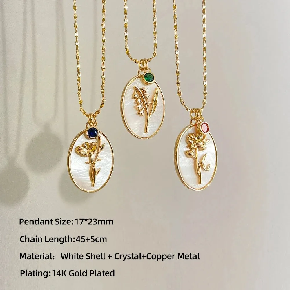 12 Birth Month Flower Birthstone Necklace for Women Charm White Shell Pendant Necklaces Mom Girlfriend Birthday Gift