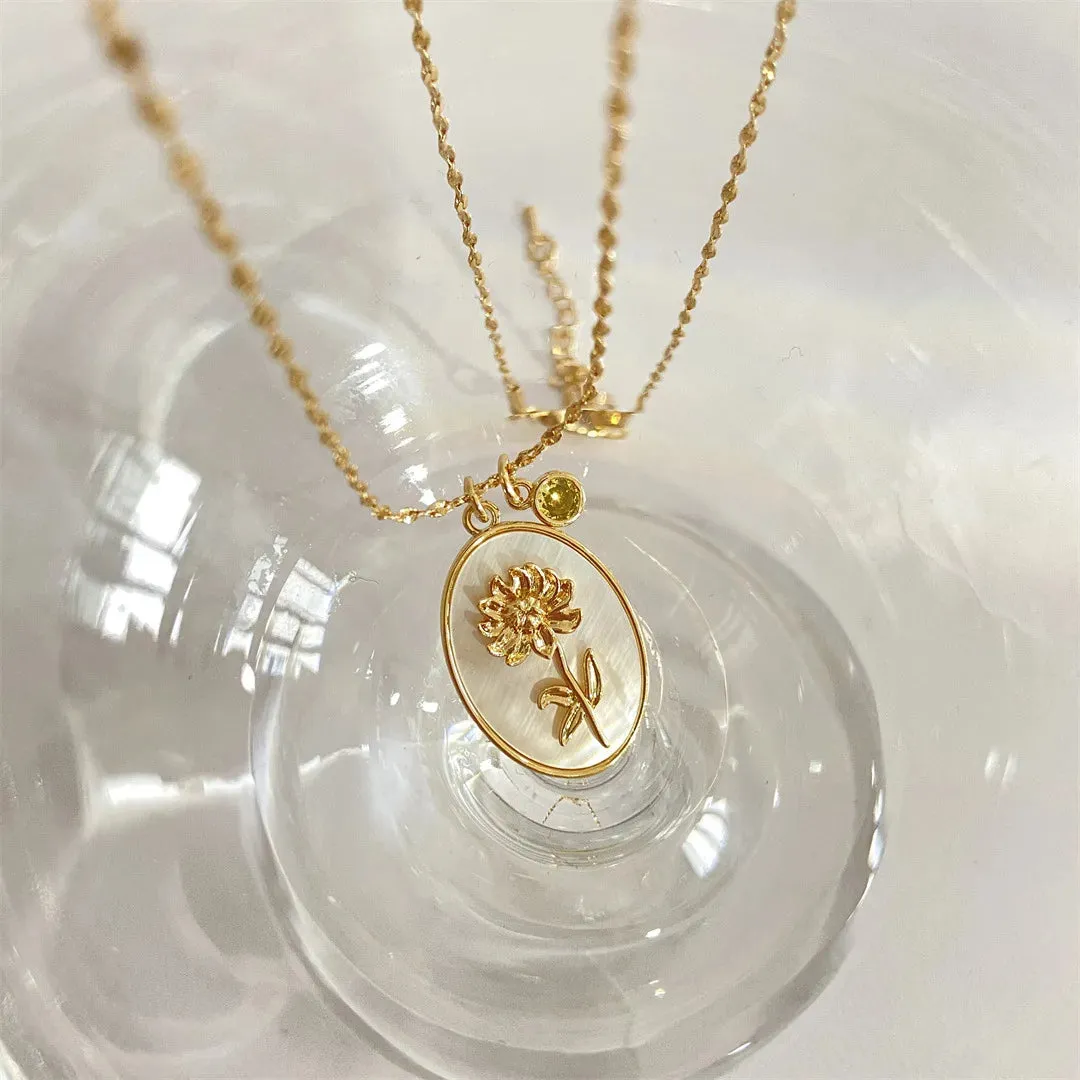 12 Birth Month Flower Birthstone Necklace for Women Charm White Shell Pendant Necklaces Mom Girlfriend Birthday Gift