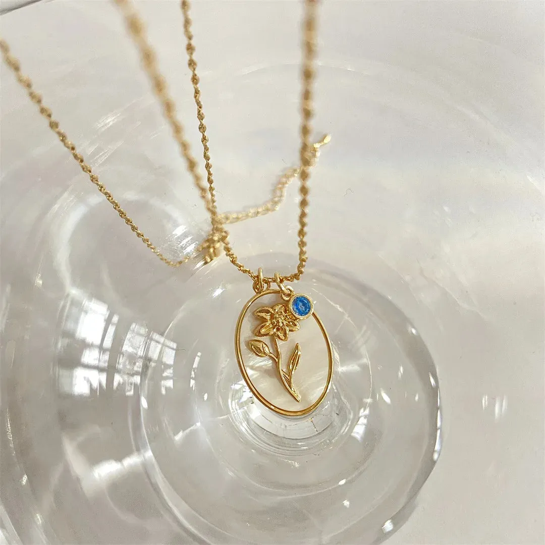 12 Birth Month Flower Birthstone Necklace for Women Charm White Shell Pendant Necklaces Mom Girlfriend Birthday Gift
