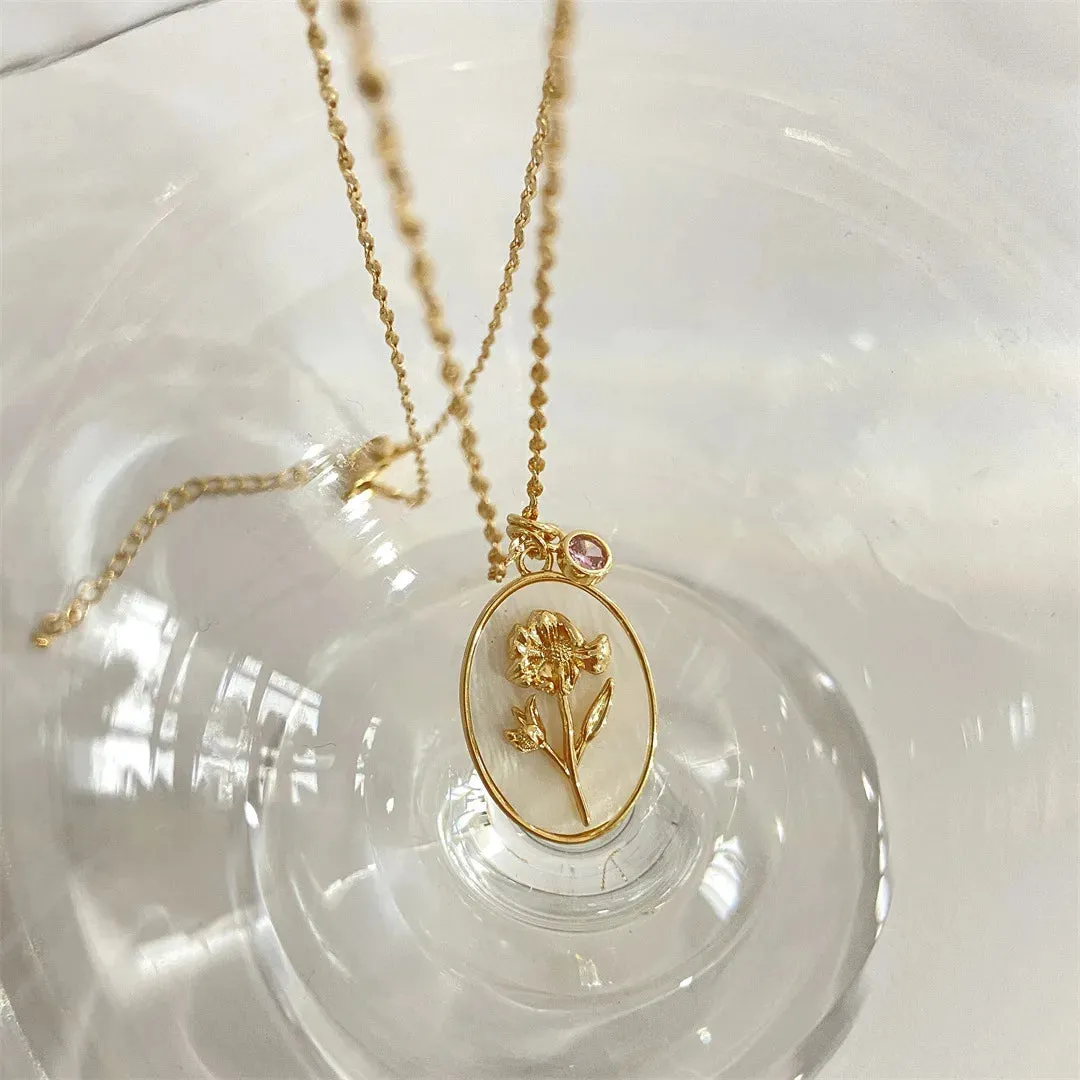 12 Birth Month Flower Birthstone Necklace for Women Charm White Shell Pendant Necklaces Mom Girlfriend Birthday Gift