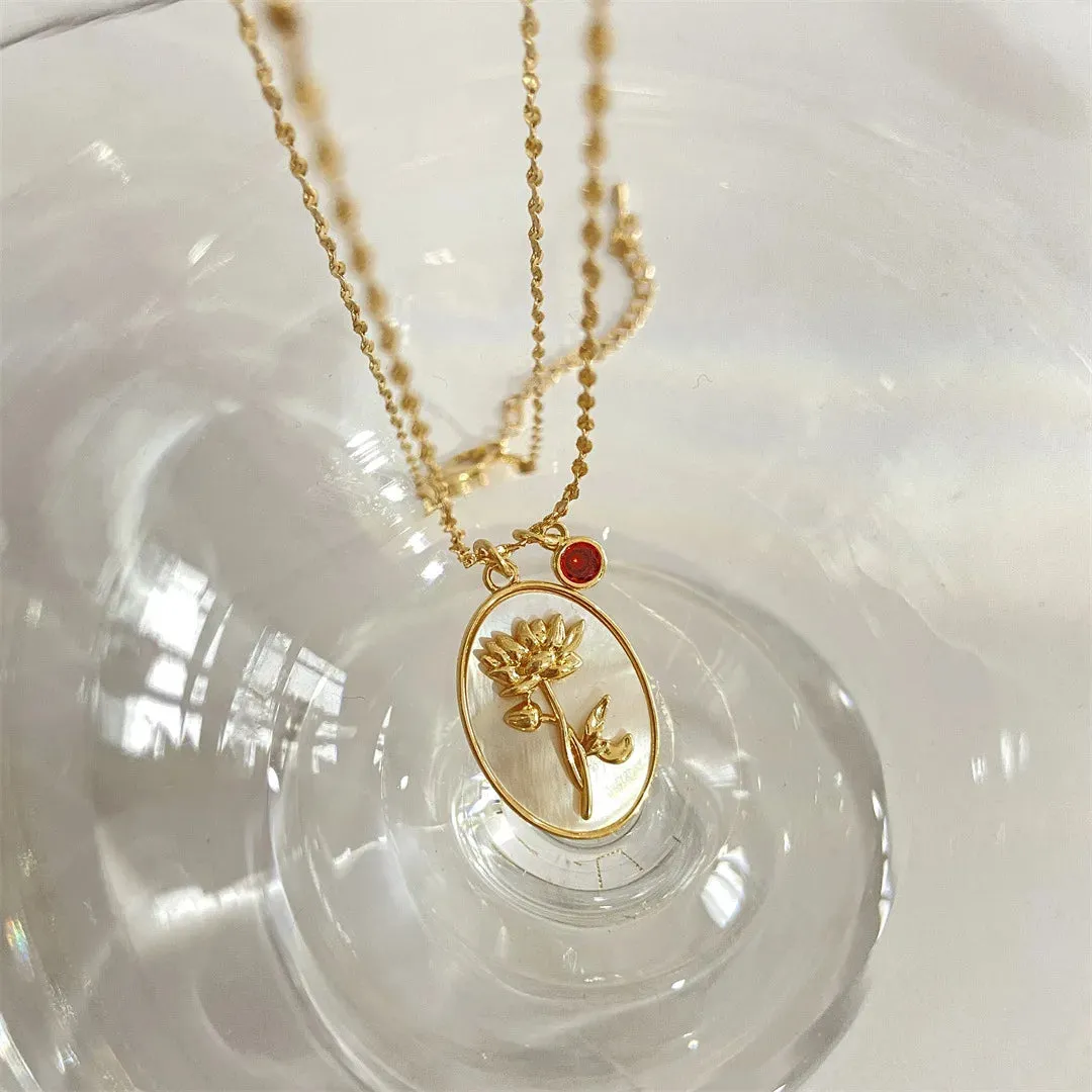 12 Birth Month Flower Birthstone Necklace for Women Charm White Shell Pendant Necklaces Mom Girlfriend Birthday Gift