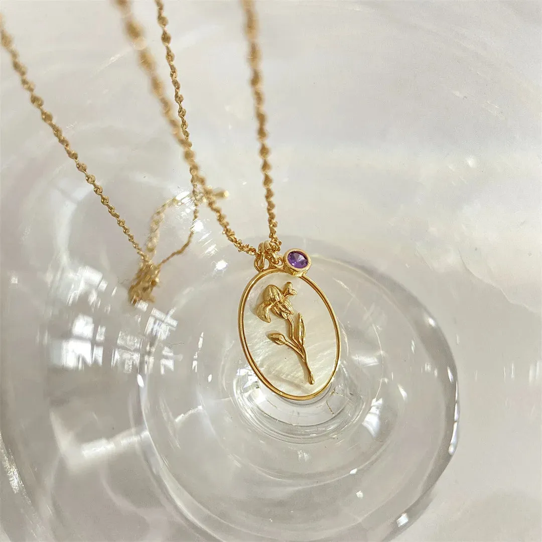 12 Birth Month Flower Birthstone Necklace for Women Charm White Shell Pendant Necklaces Mom Girlfriend Birthday Gift