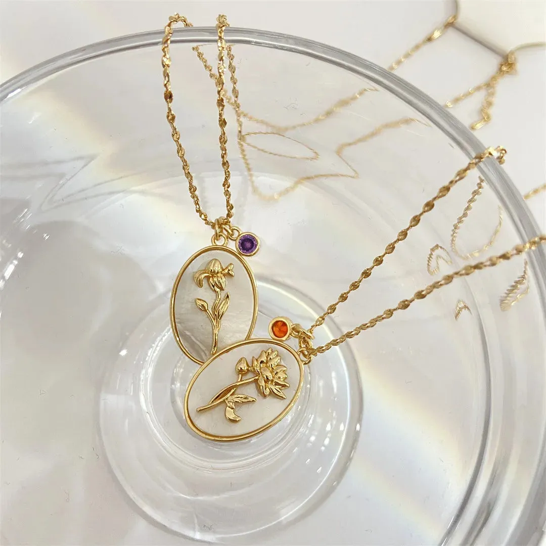 12 Birth Month Flower Birthstone Necklace for Women Charm White Shell Pendant Necklaces Mom Girlfriend Birthday Gift