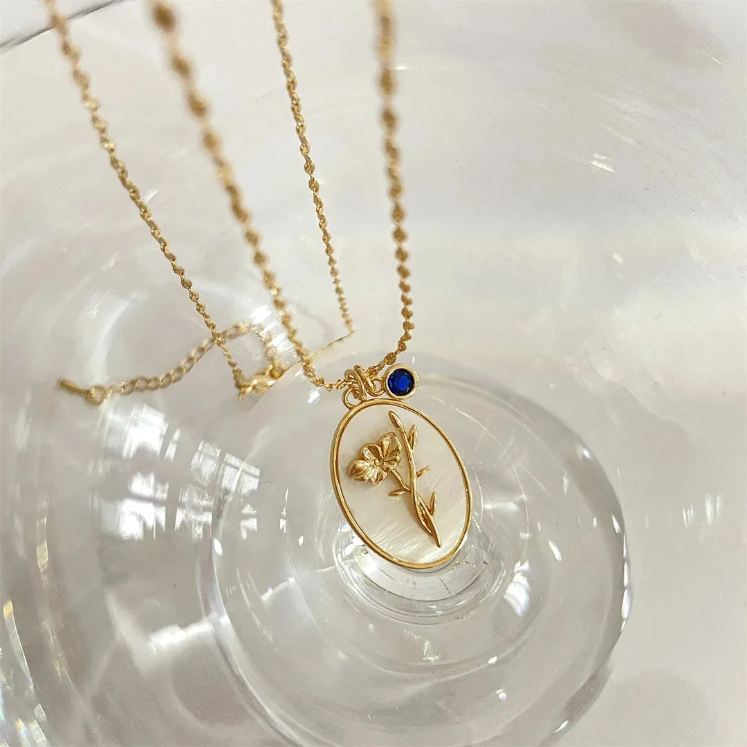 12 Birth Month Flower Birthstone Necklace for Women Charm White Shell Pendant Necklaces Mom Girlfriend Birthday Gift