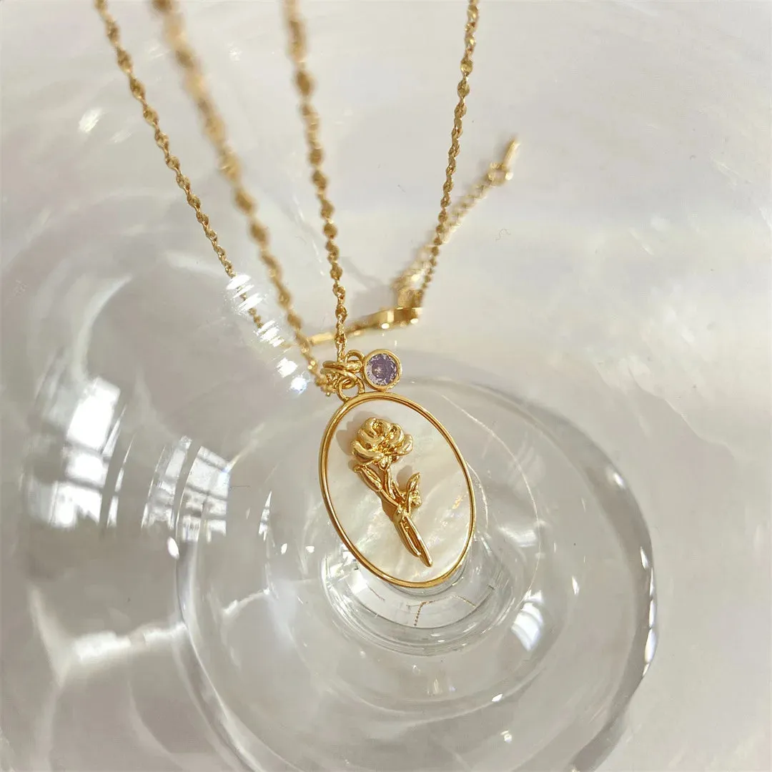 12 Birth Month Flower Birthstone Necklace for Women Charm White Shell Pendant Necklaces Mom Girlfriend Birthday Gift