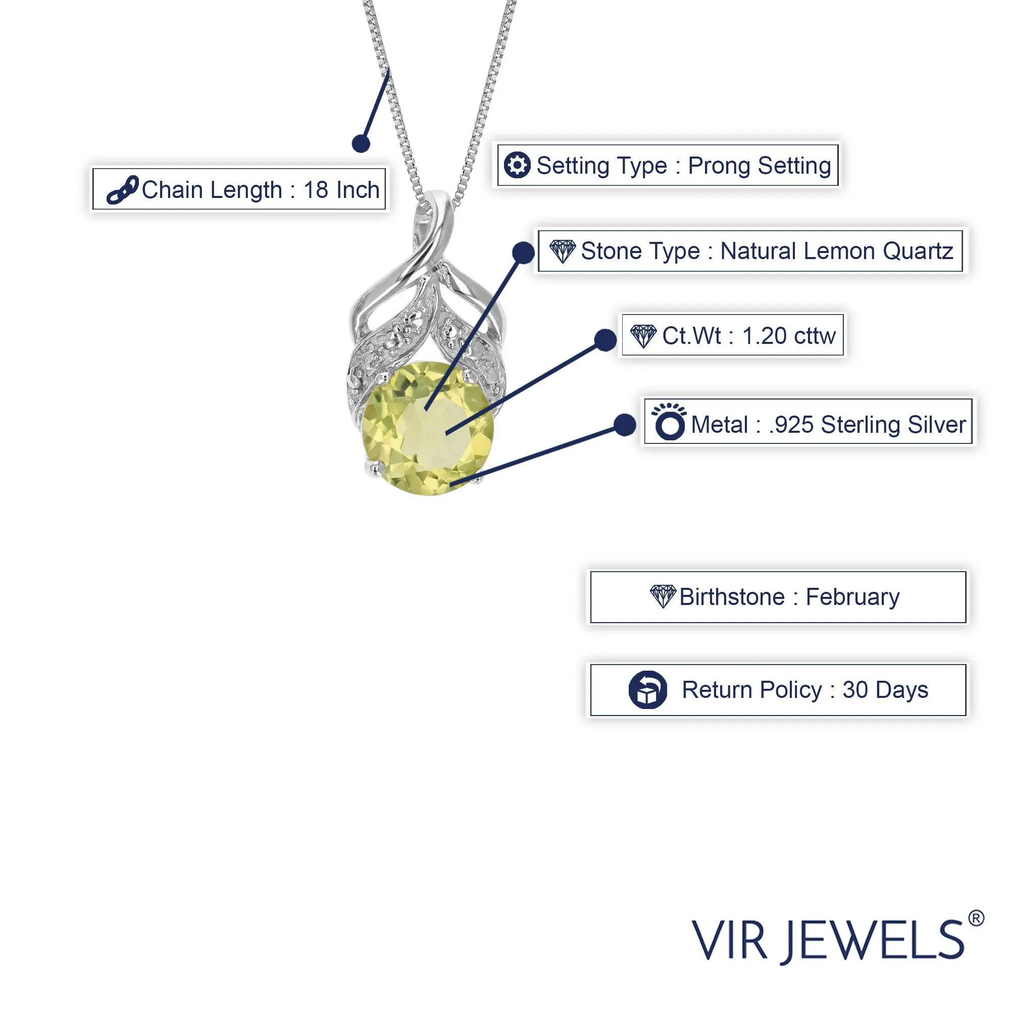 1.20 cttw Pendant Necklace, Lemon Quartz Pendant Necklace for Women in .925 Sterling Silver with Rhodium, 18 Inch Chain, Prong Setting