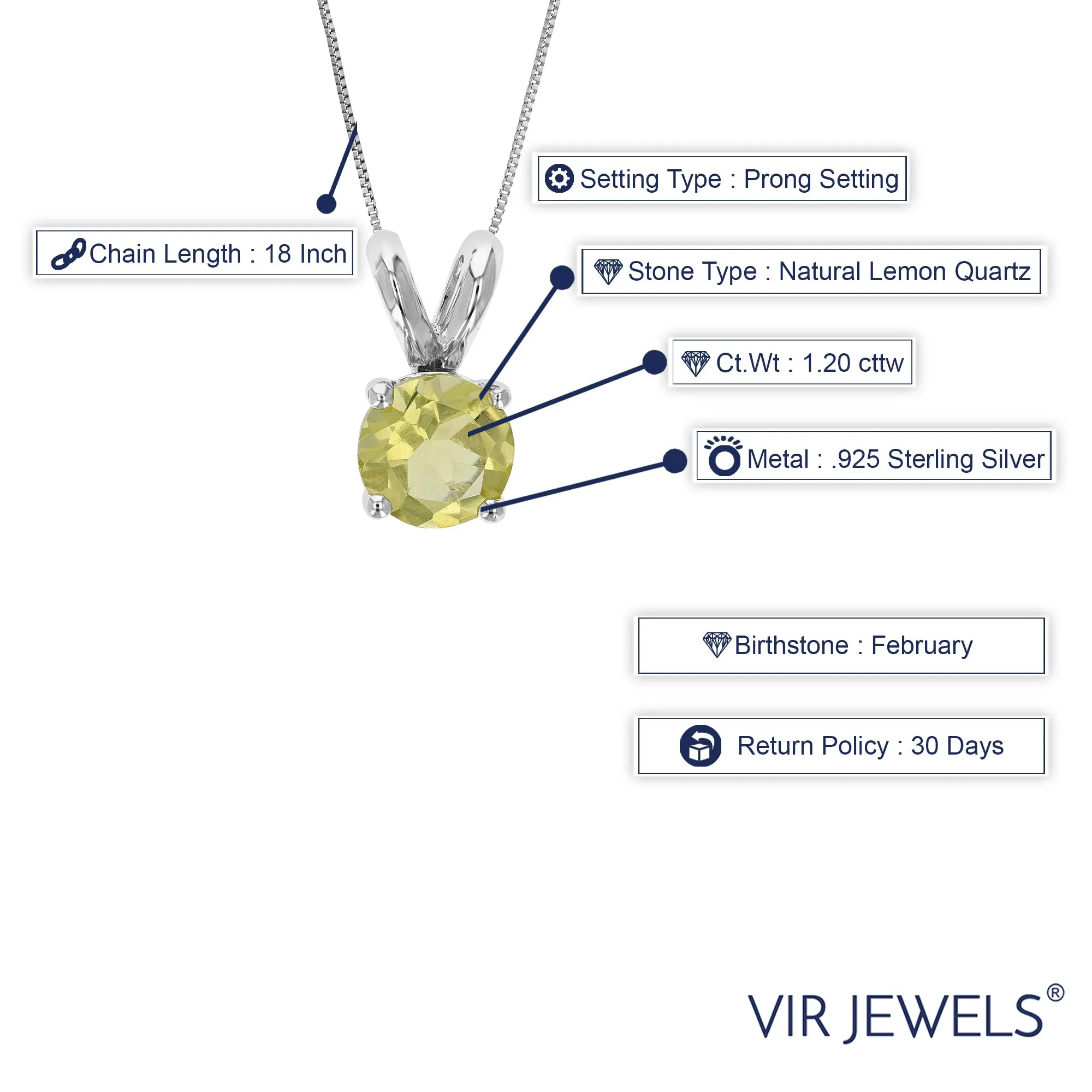 1.20 cttw Pendant Necklace, Lemon Quartz Pendant Necklace for Women in .925 Sterling Silver with Rhodium, 18 Inch Chain, Prong Setting