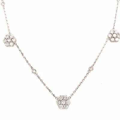 14K Diamond Flower Cluster Station Necklace White Gold