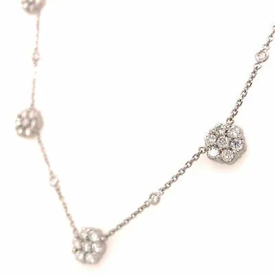 14K Diamond Flower Cluster Station Necklace White Gold