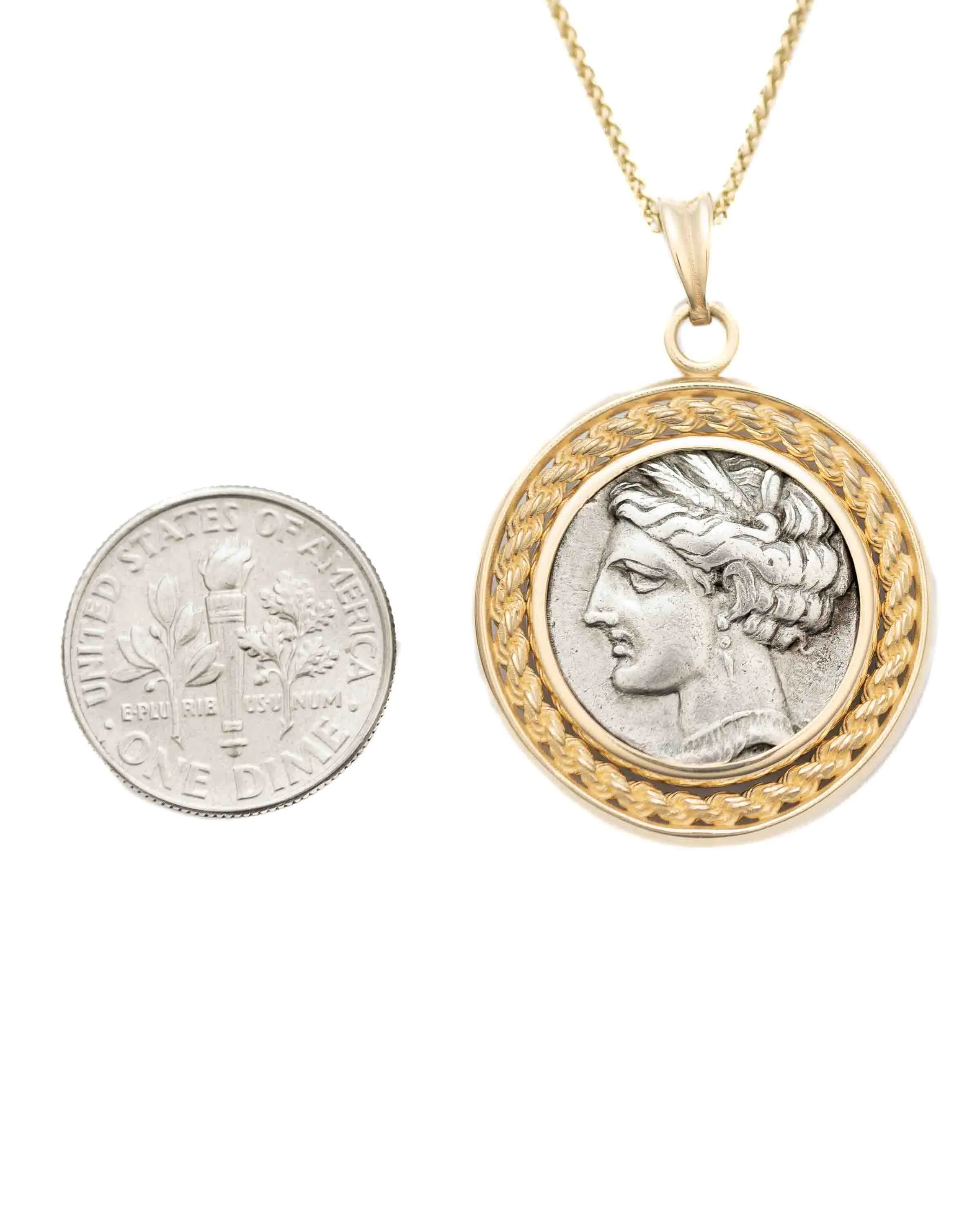 14k Gold Genuine Ancient Greek Coin Necklace (Persephone-Tanit; 264-241 B.C.)