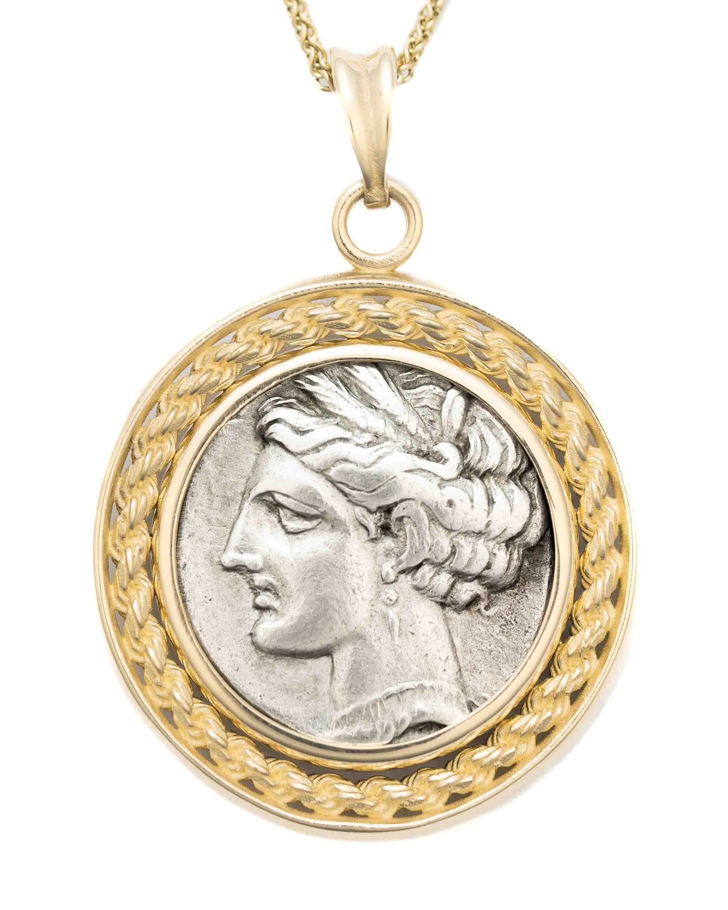 14k Gold Genuine Ancient Greek Coin Necklace (Persephone-Tanit; 264-241 B.C.)