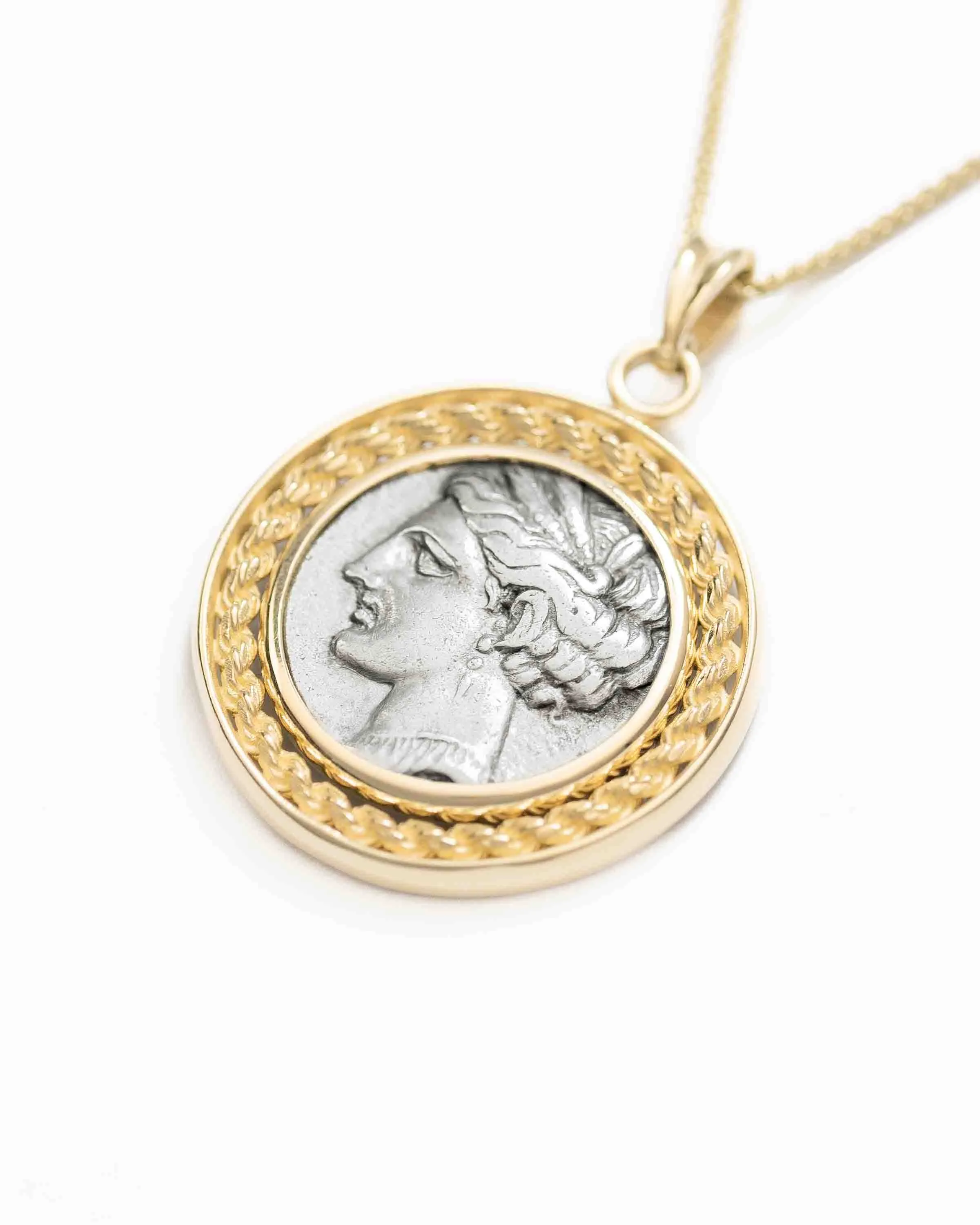 14k Gold Genuine Ancient Greek Coin Necklace (Persephone-Tanit; 264-241 B.C.)