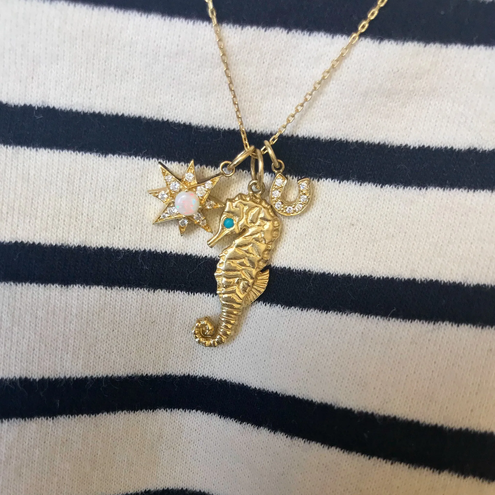14K Gold Opal & Pavé Diamond Starburst Pendant Necklace, Large Size