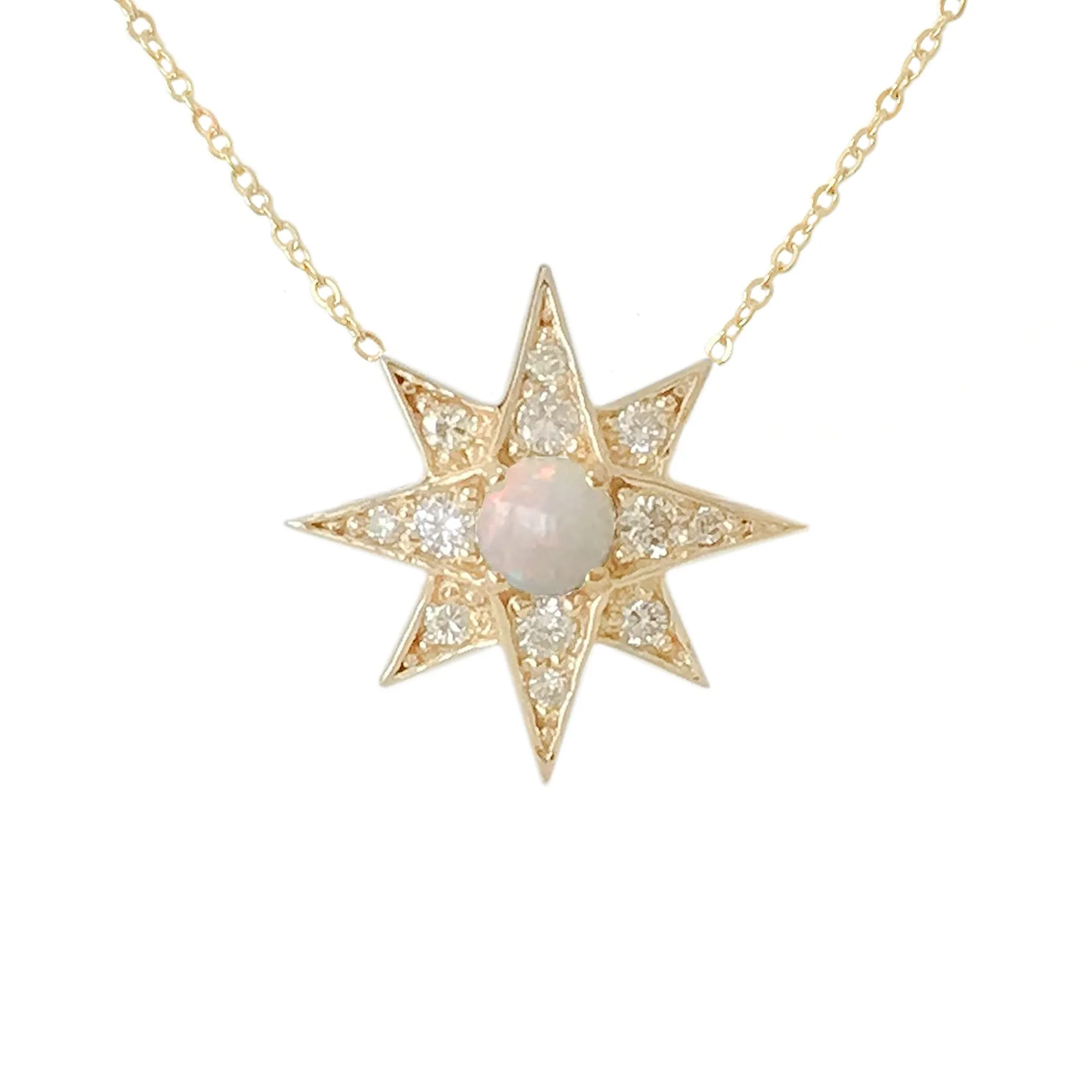 14K Gold Opal & Pavé Diamond Starburst Pendant Necklace, Large Size