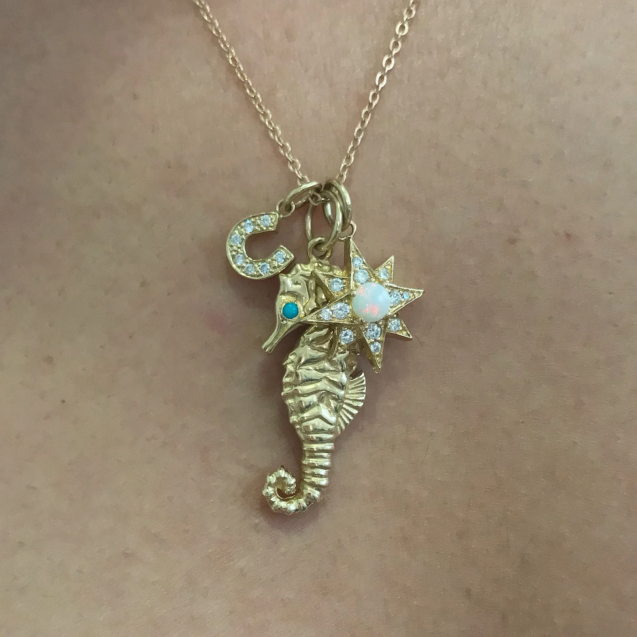 14K Gold Opal & Pavé Diamond Starburst Pendant Necklace, Large Size