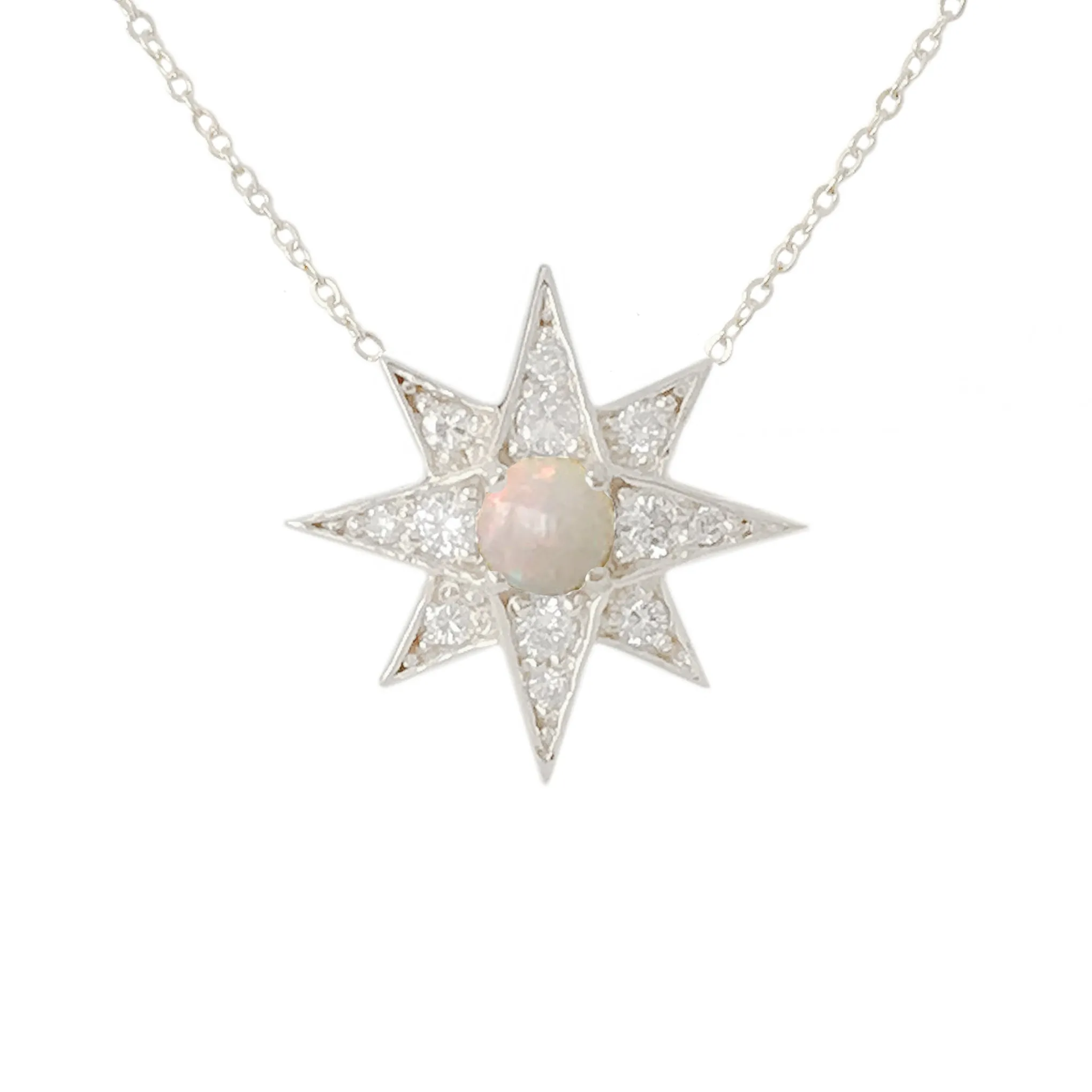 14K Gold Opal & Pavé Diamond Starburst Pendant Necklace, Large Size