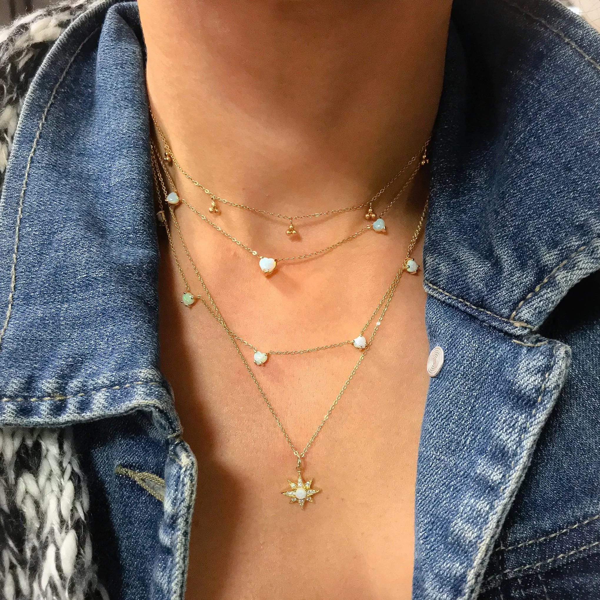 14K Gold Opal & Pavé Diamond Starburst Pendant Necklace, Large Size