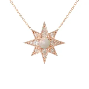 14K Gold Opal & Pavé Diamond Starburst Pendant Necklace, Large Size