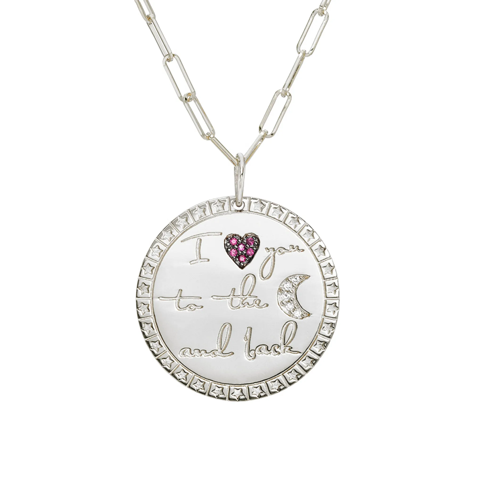 14K Gold Pavé Diamond & Ruby "I Love You To The Moon And Back" Celestial Medallion Necklace