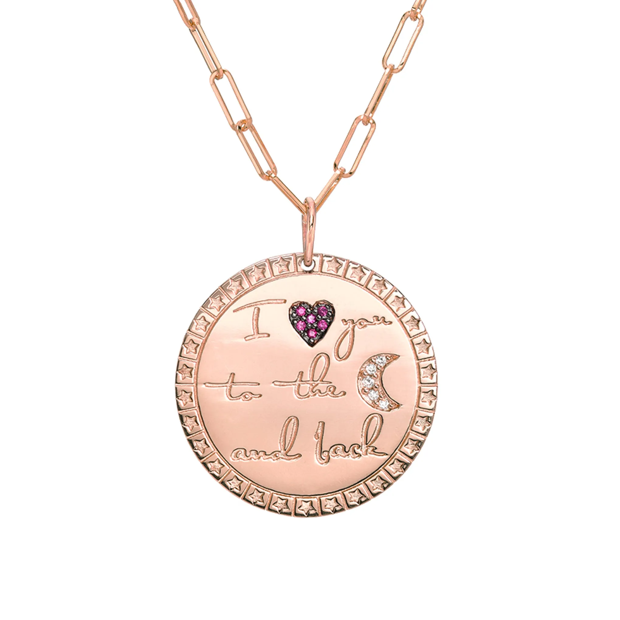 14K Gold Pavé Diamond & Ruby "I Love You To The Moon And Back" Celestial Medallion Necklace