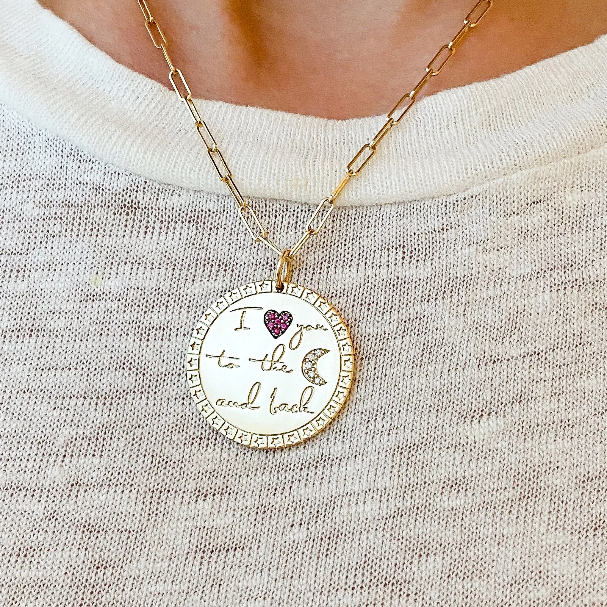 14K Gold Pavé Diamond & Ruby "I Love You To The Moon And Back" Celestial Medallion Necklace