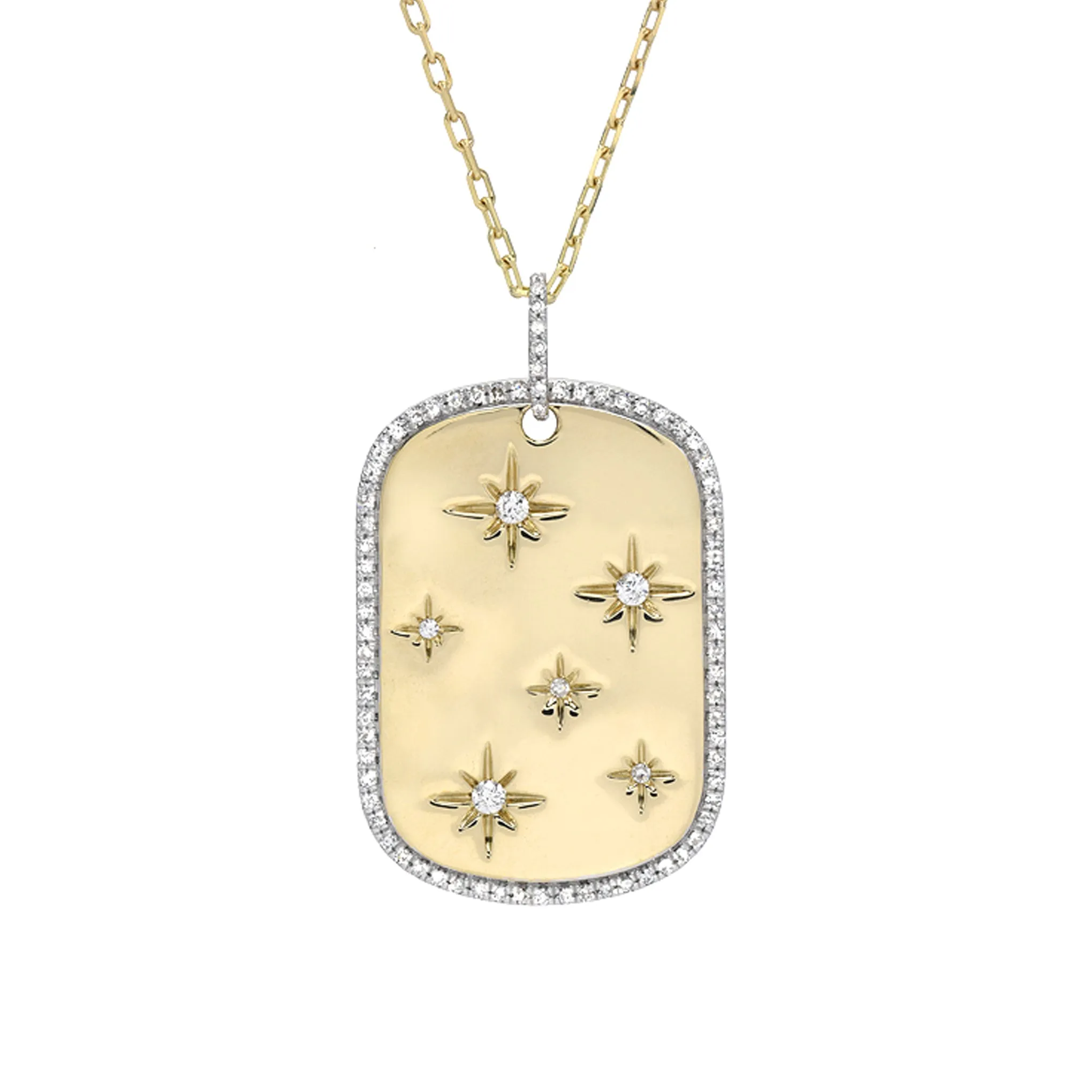 14K Gold Pavé Diamond Starburst Dog Tag Pendant Necklace, Large Size ~ One Of A Kind LIMITED EDITION