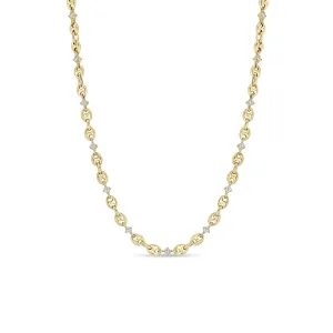 14k Linked Prong Diamond & Small Puffed Mariner Chain Necklace