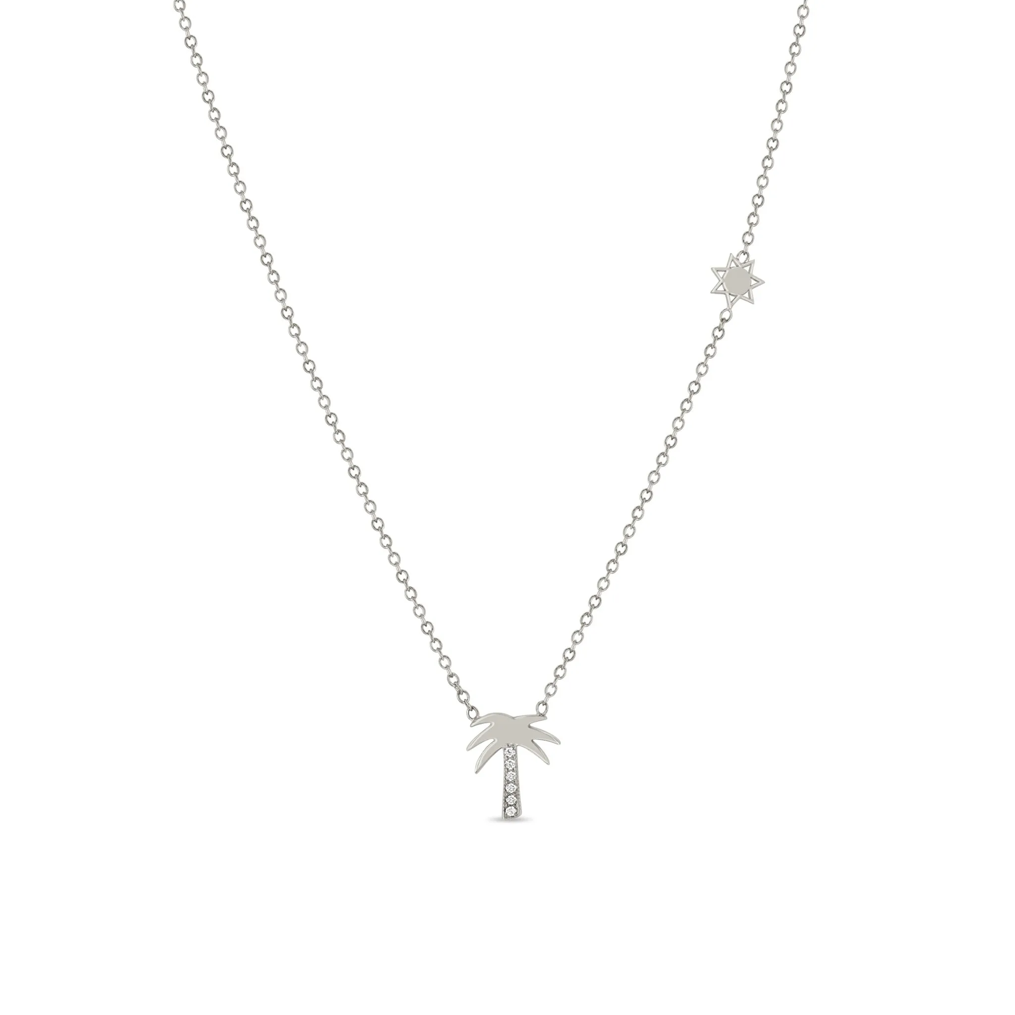 14k Midi Bitty Diamond Palm Tree Necklace with Itty Bitty Sun