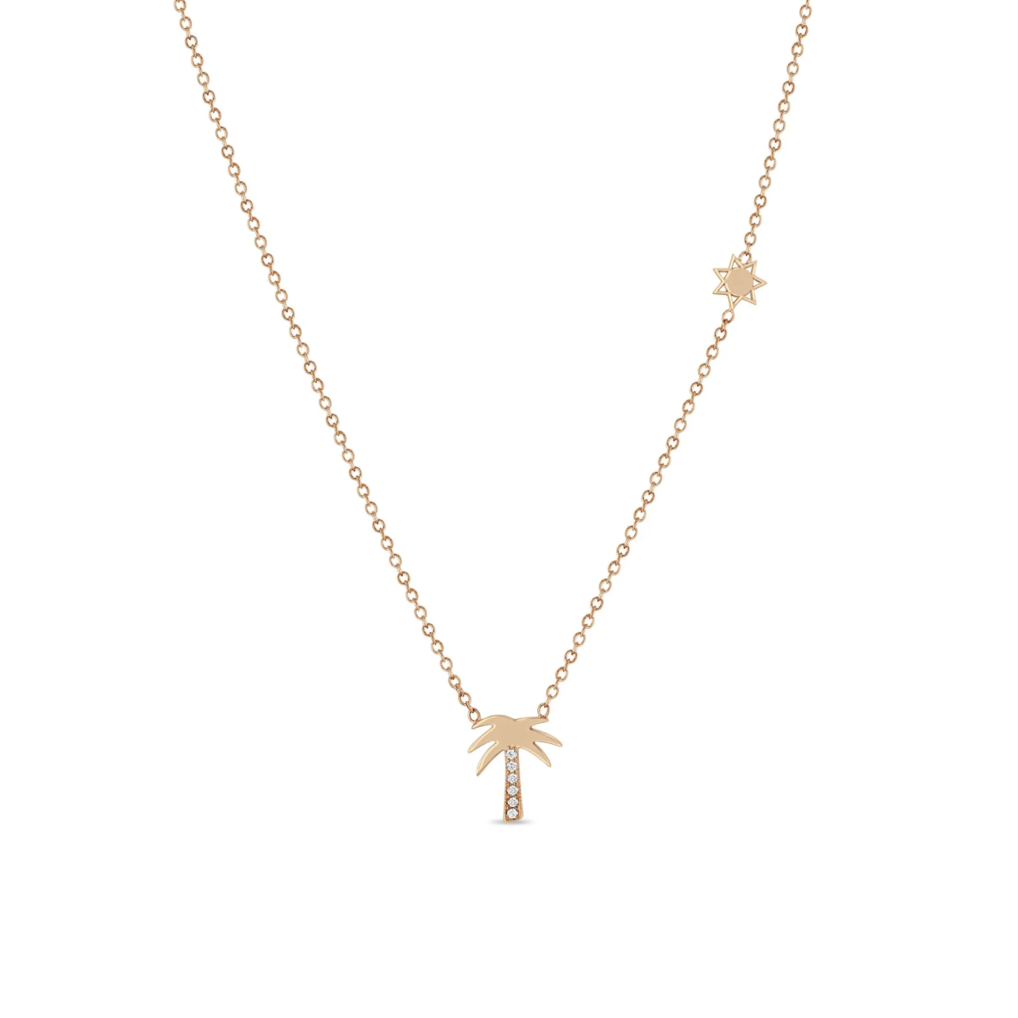 14k Midi Bitty Diamond Palm Tree Necklace with Itty Bitty Sun