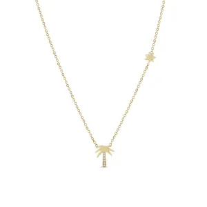 14k Midi Bitty Diamond Palm Tree Necklace with Itty Bitty Sun