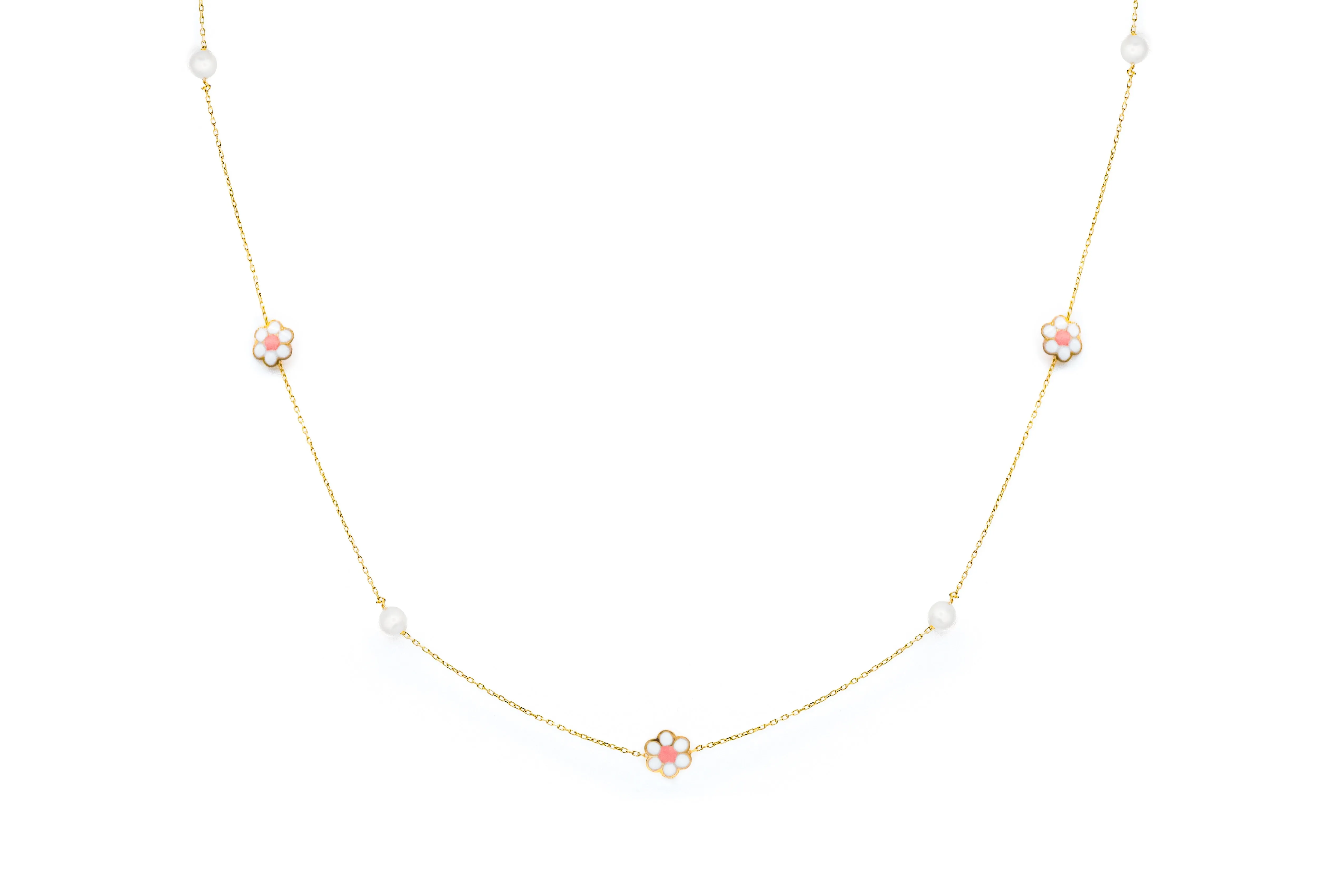 14K Multi Enamel Flower and Pearls Necklace