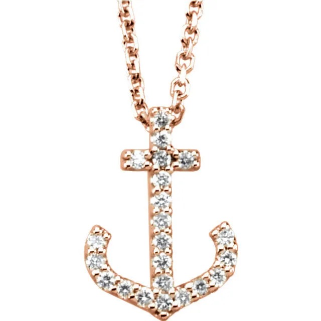 14k Rose Gold 1/8 CTW Diamond Anchor Necklace