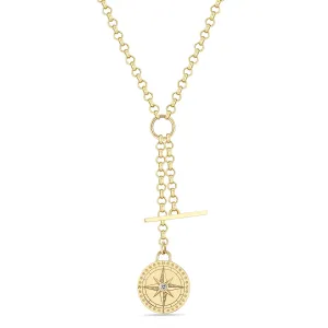 14k Small Compass Medallion & Toggle Medium Rolo Chain Lariat