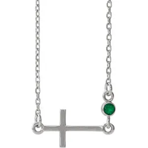 14K White Chatham® Created Emerald Sideways Accented Cross 16-18" Necklace