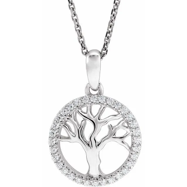 14K White Gold 1/5 CTW Natural Diamond Tree of Life 16-18" Necklace