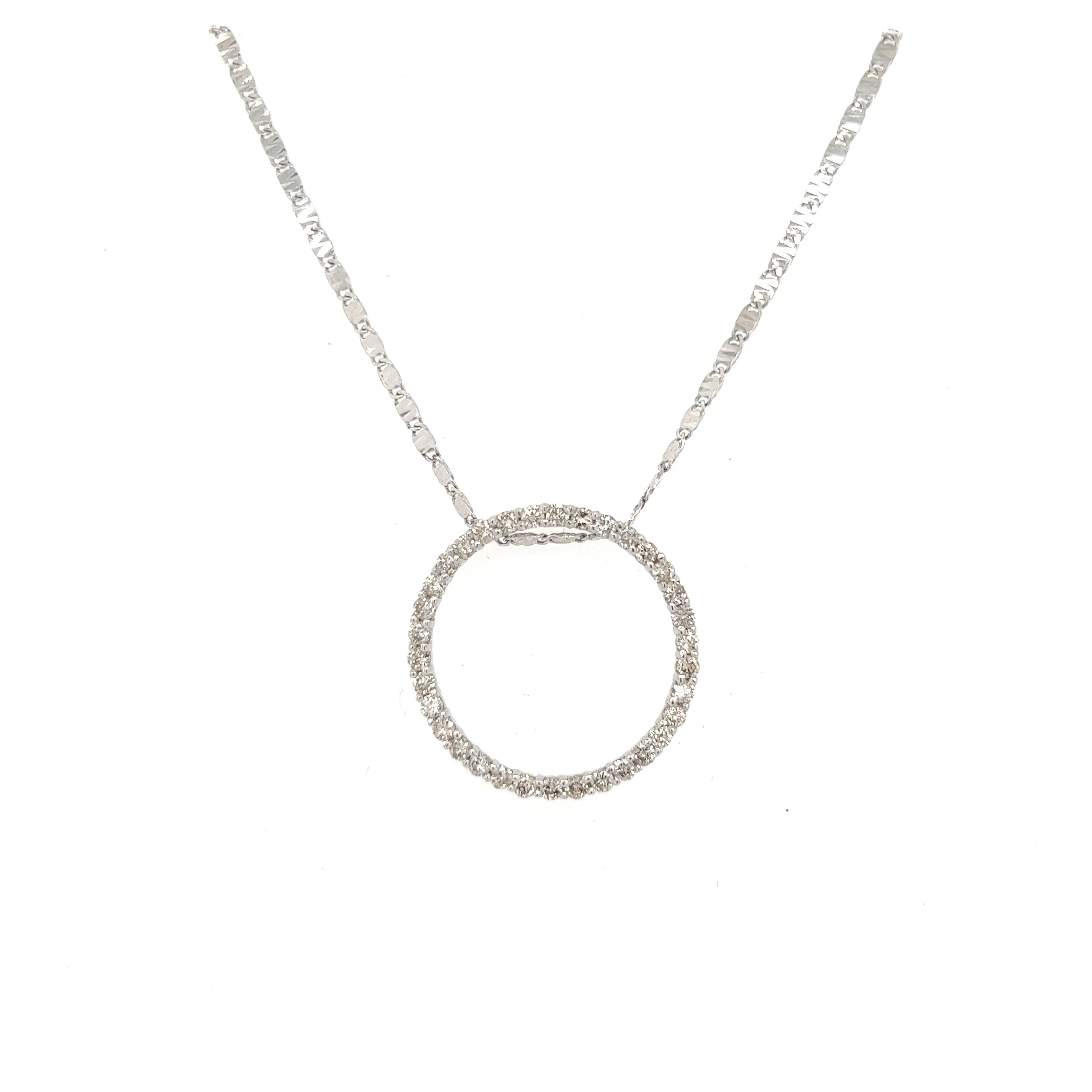 14K White Gold Circle Diamond Pendant Necklace Length 18"