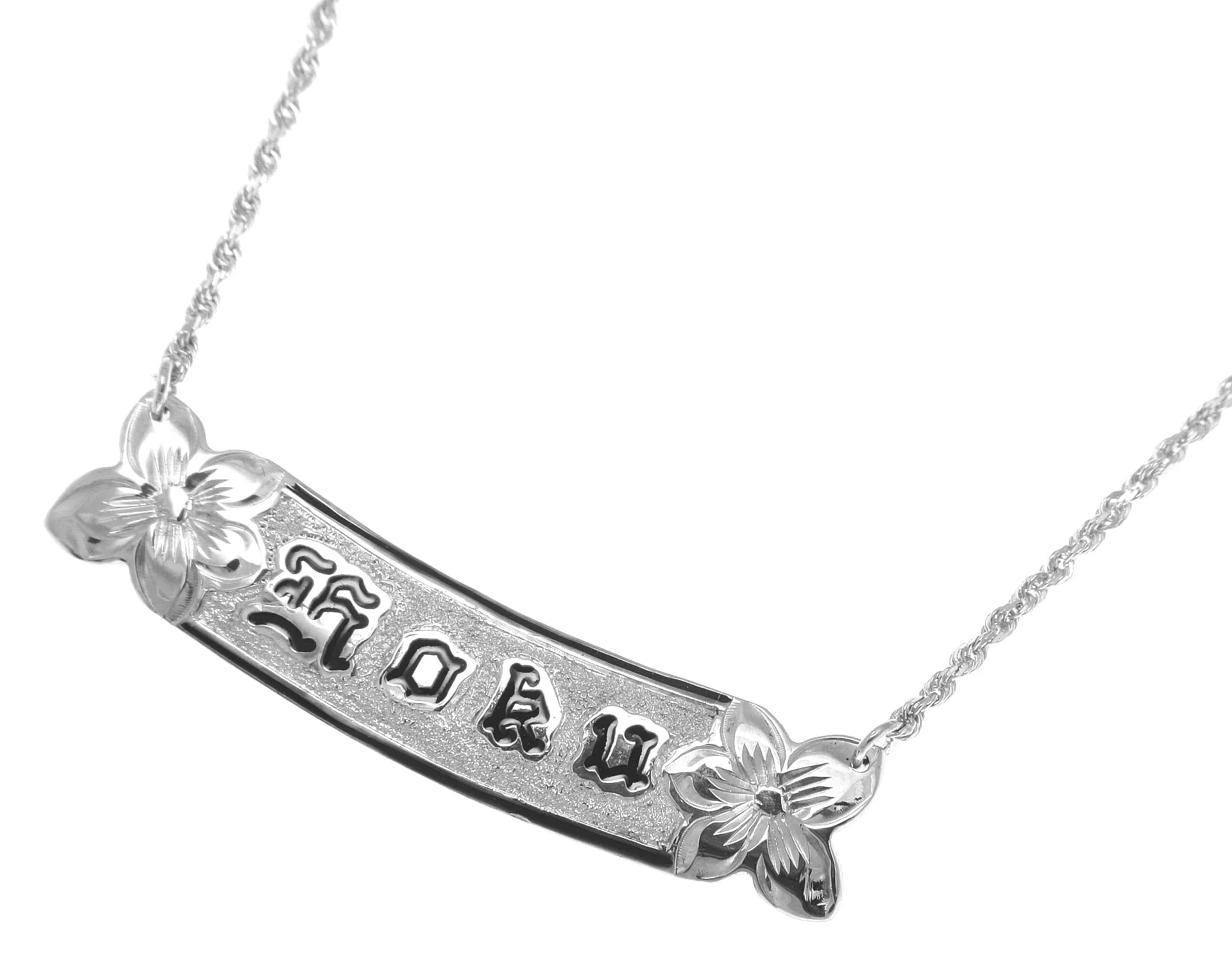 14K WHITE GOLD PERSONALIZED HAWAIIAN 10MM BLACK ENAMEL RAISED LETTER NECKLACE
