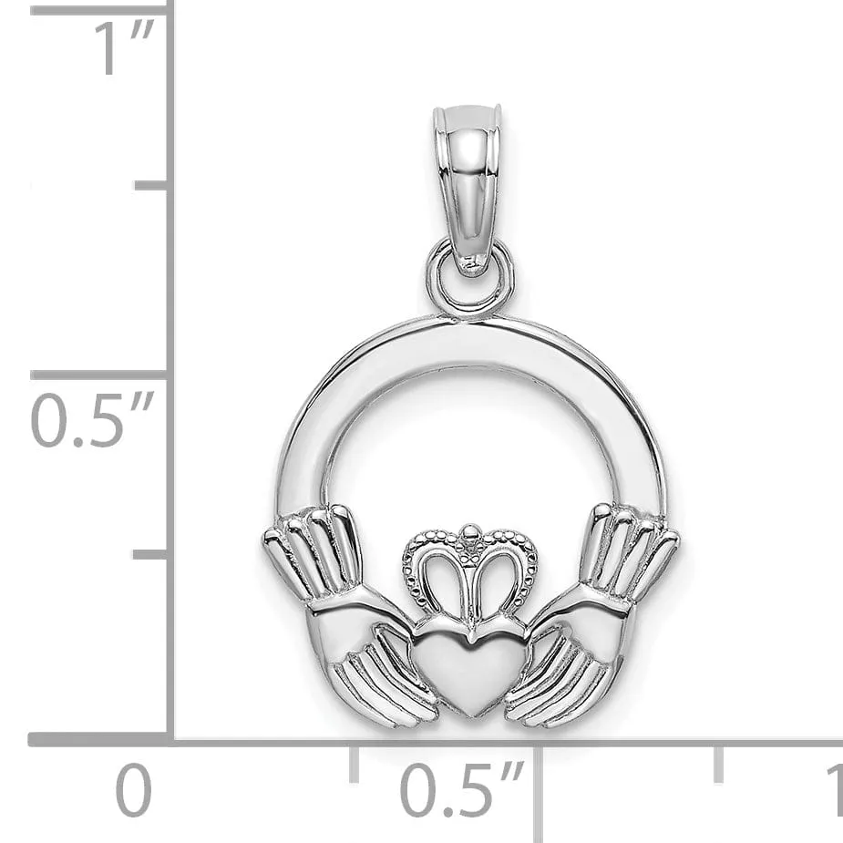 14k White Gold Textured Back Polished Finish Claddagh Design Charm Pendant