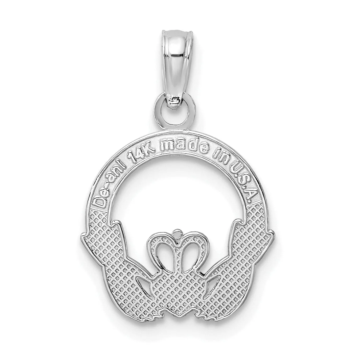 14k White Gold Textured Back Polished Finish Claddagh Design Charm Pendant