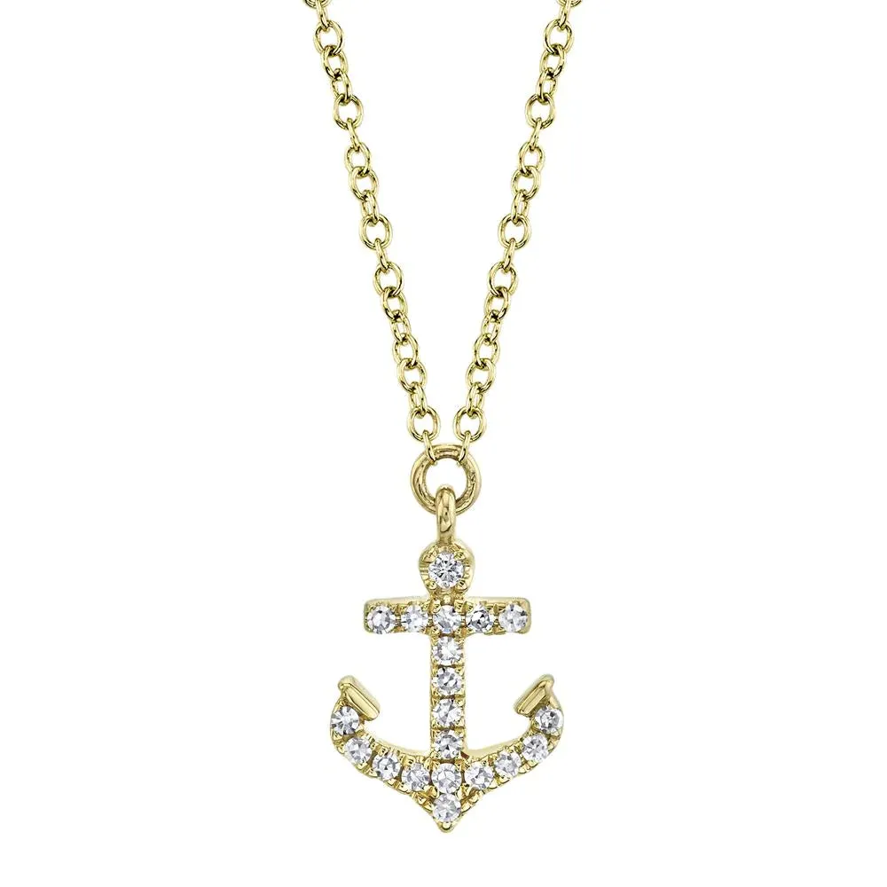 14K Yellow Gold 0.07 Carat Total Weight Diamond Mini Anchor Pendant Necklace