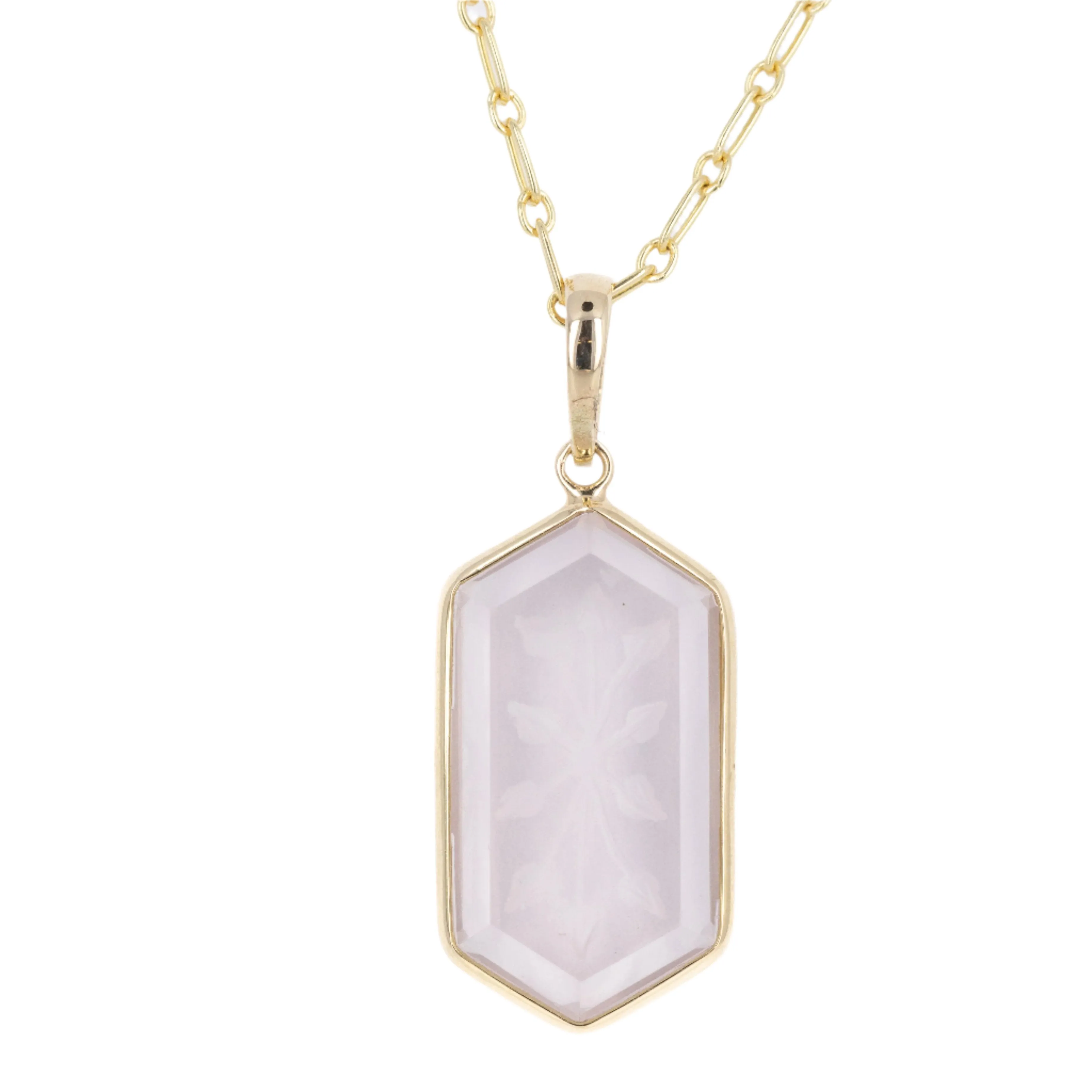 14K Yellow Gold 8.56 Carat Rose Quartz Engraved Pendant Necklace